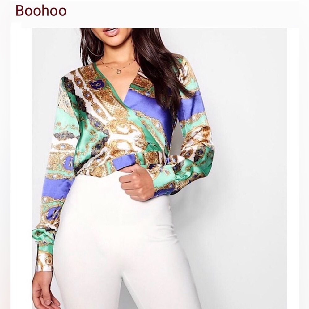 BOOHOO SATIN BAROQUE PRINT WEAP BLOUSE SZ4